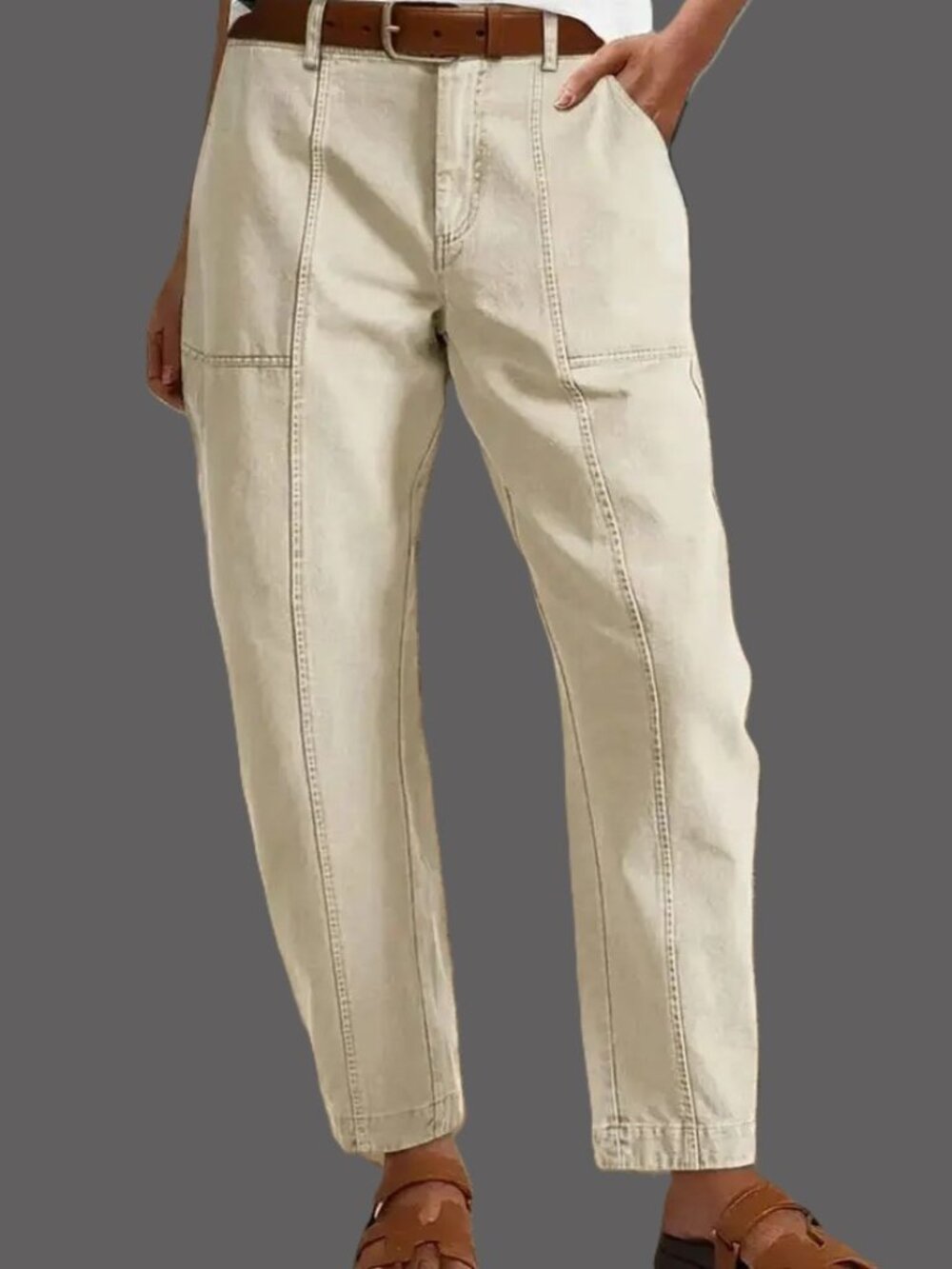 Flamingals Mid Rise Barrel Leg Crop Pants, Beige, Size Small